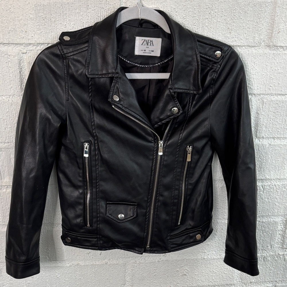Zara Faux Leather Girls Sleek Black Biker Moto Jacket sz 10